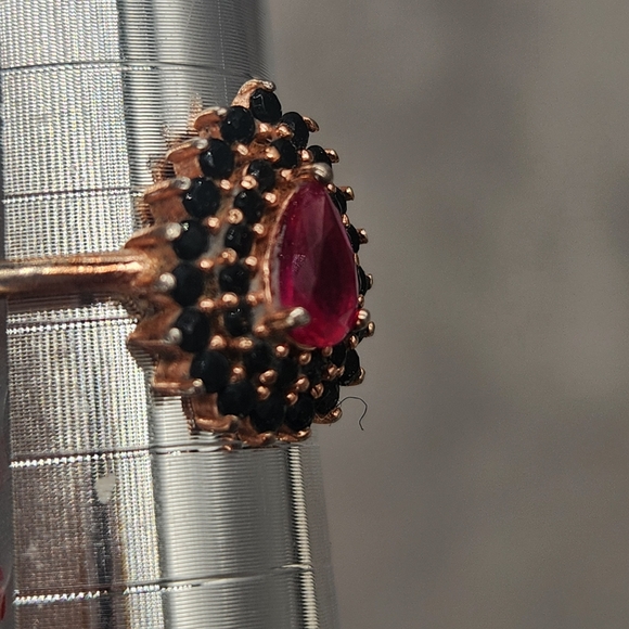 Ruby Pear Halo Ring 6.5 Sterling Silver 925 Black Diamonds Statement Whimsigoth - Picture 6 of 11